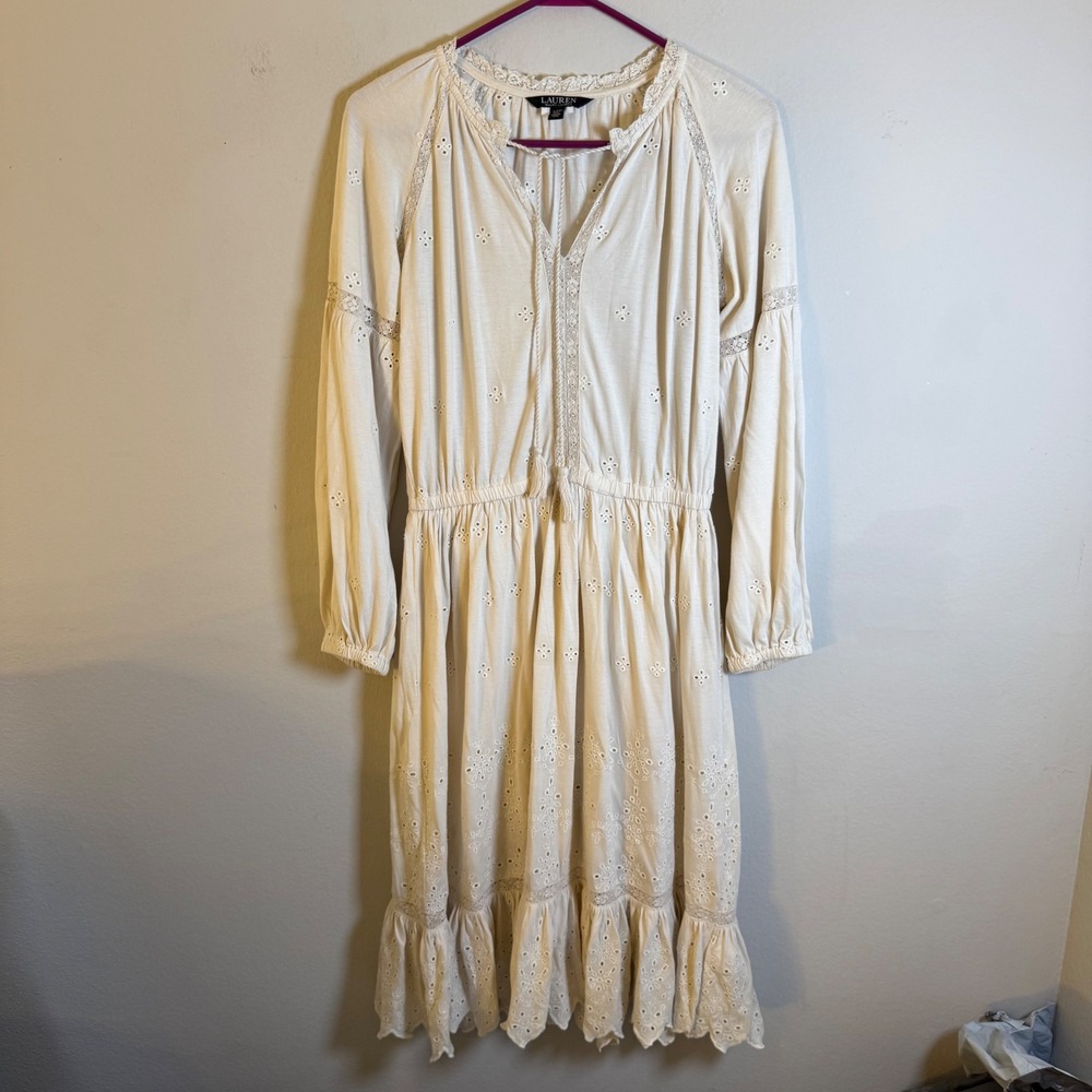 Lauren Ralph‎ Lauren Cream Eyelet Lace Embroidered Midi Dress Boho Tassel Small